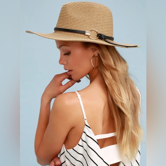 NEW Lulus Tan Beige Floppy Straw Hat with Black and Gold Detailing - Picture 2 of 4